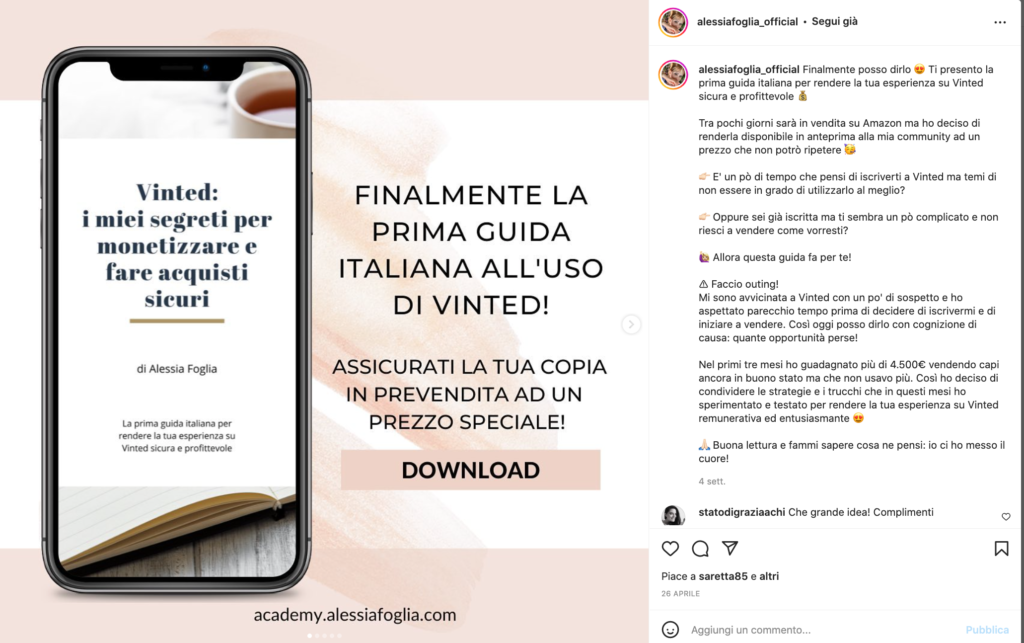 Alessia Foglia - Post di lancio del suo libro dedicato a Vinted: i miei segreti per monetizzare e fare acquisti sicuri