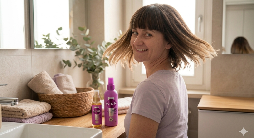 MartaSpring di spalle sorride mentre muove i capelli medi con frangia, mostrando l'effetto fluito della linea Sunsilk Liscio Perfetto