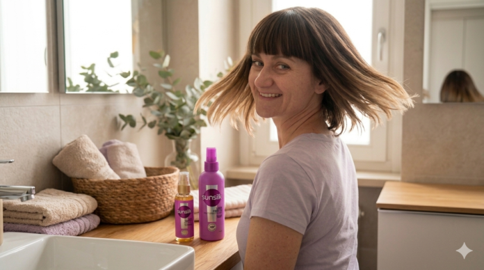 MartaSpring di spalle sorride mentre muove i capelli medi con frangia, mostrando l'effetto fluito della linea Sunsilk Liscio Perfetto